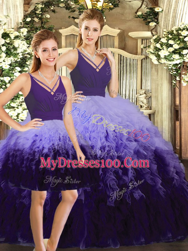 Pretty Ball Gowns Vestidos de Quinceanera Multi-color V-neck Tulle Sleeveless Floor Length Backless