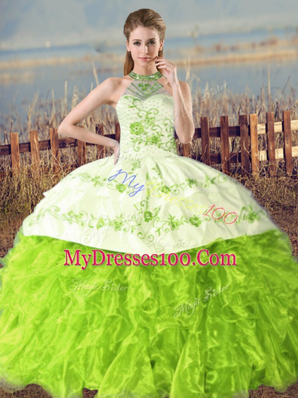 On Sale Organza Lace Up Vestidos de Quinceanera Sleeveless Floor Length Court Train Embroidery and Ruffles