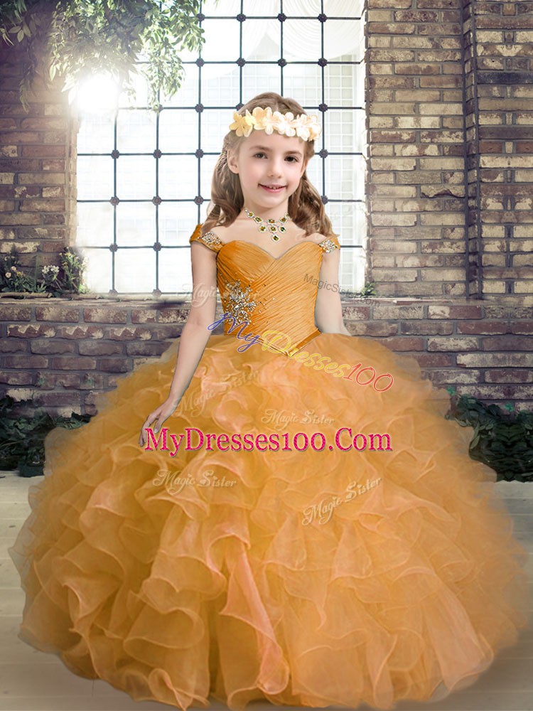 Glorious Organza Straps Sleeveless Lace Up Beading and Ruffles Girls Pageant Dresses in Orange
