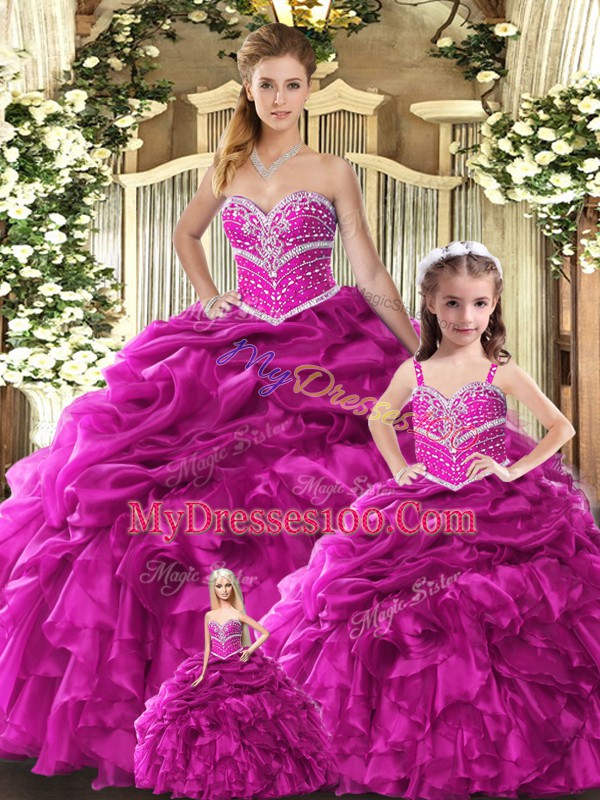 Fantastic Fuchsia Ball Gowns Beading and Ruffles Sweet 16 Dress Lace Up Organza Sleeveless Floor Length