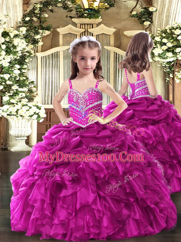 Fantastic Fuchsia Ball Gowns Beading and Ruffles Sweet 16 Dress Lace Up Organza Sleeveless Floor Length
