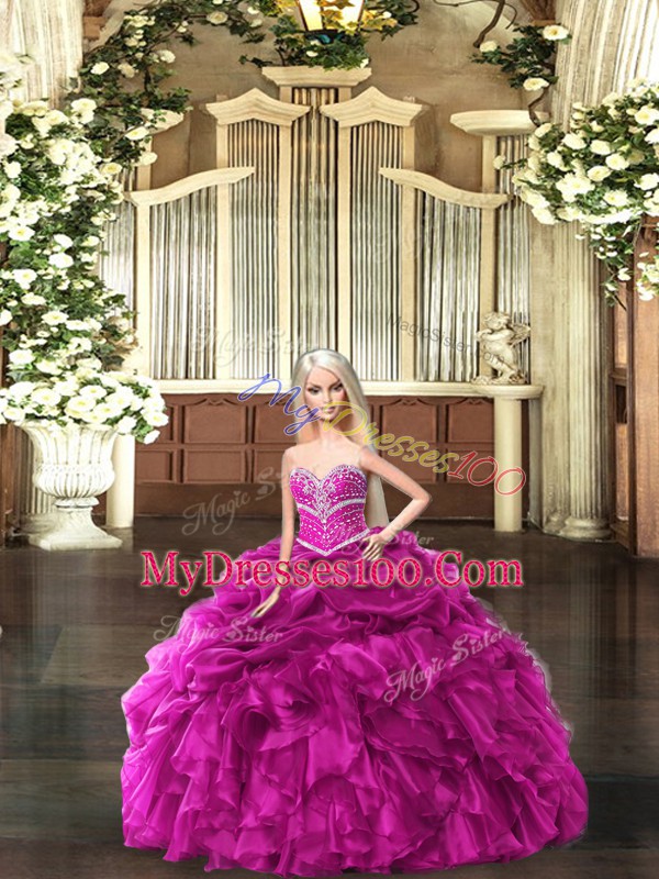 Fantastic Fuchsia Ball Gowns Beading and Ruffles Sweet 16 Dress Lace Up Organza Sleeveless Floor Length