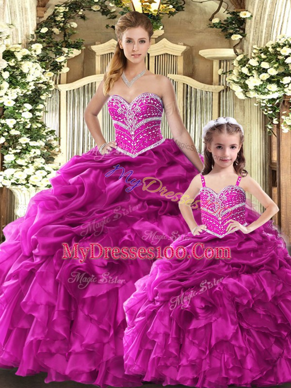 Fantastic Fuchsia Ball Gowns Beading and Ruffles Sweet 16 Dress Lace Up Organza Sleeveless Floor Length