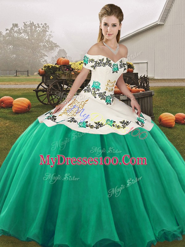 Turquoise Organza Lace Up Off The Shoulder Sleeveless Floor Length Vestidos de Quinceanera Embroidery