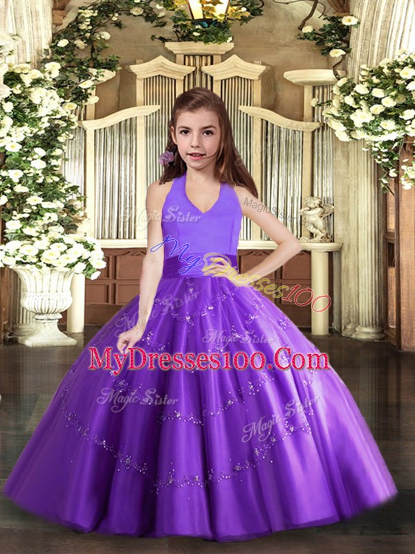 Affordable Tulle Sleeveless Floor Length Little Girls Pageant Dress Wholesale and Beading