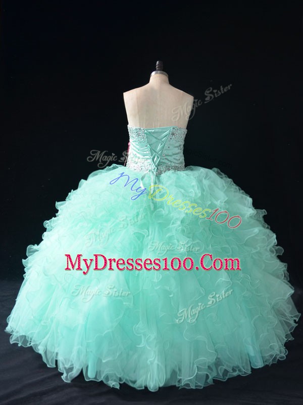 Apple Green Tulle Lace Up Sweet 16 Dress Sleeveless Floor Length Beading and Ruffles