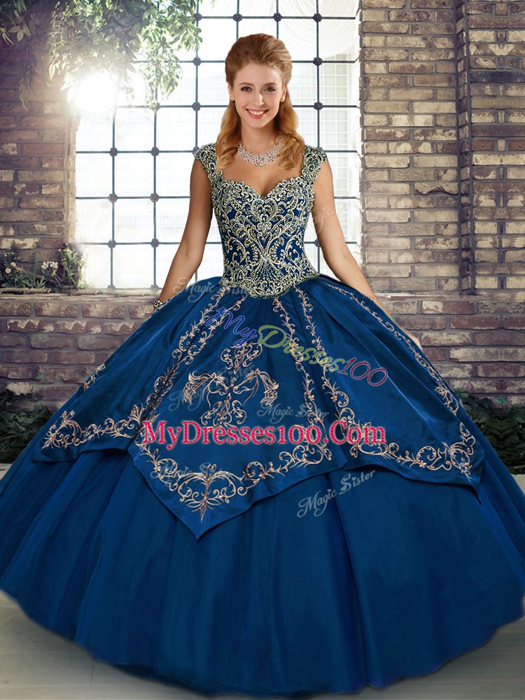 Romantic Blue Sweet 16 Quinceanera Dress Military Ball and Sweet 16 and Quinceanera with Beading and Embroidery Straps Sleeveless Lace Up