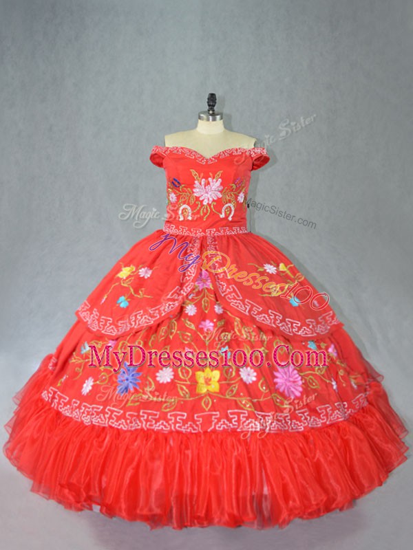 Best Selling Red Satin Lace Up Sweet 16 Dresses Sleeveless Floor Length Embroidery