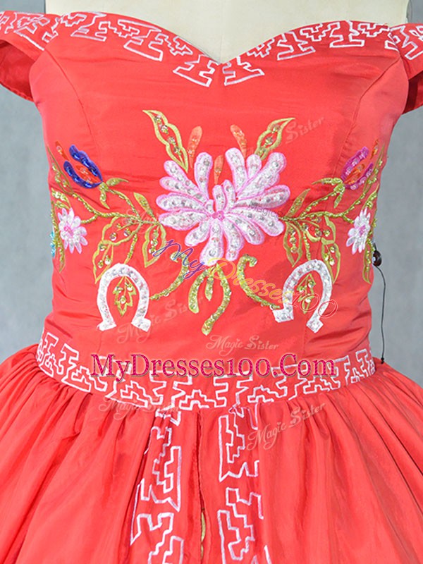 Best Selling Red Satin Lace Up Sweet 16 Dresses Sleeveless Floor Length Embroidery
