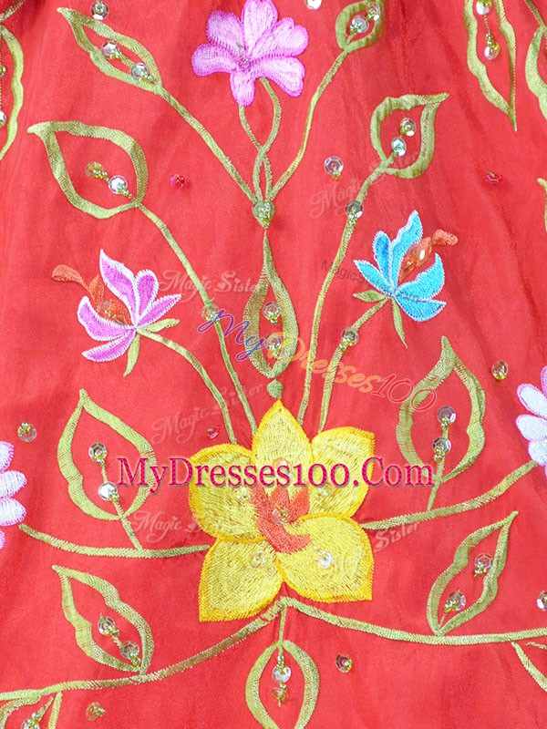 Best Selling Red Satin Lace Up Sweet 16 Dresses Sleeveless Floor Length Embroidery