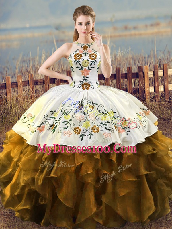 Halter Top Sleeveless Lace Up Sweet 16 Dress Brown Organza
