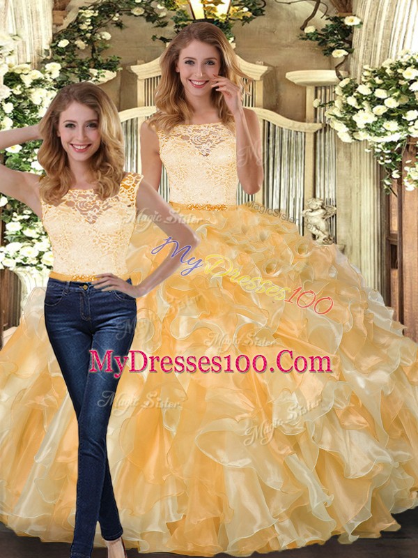 Nice Lace and Ruffles 15th Birthday Dress Gold Clasp Handle Sleeveless Floor Length