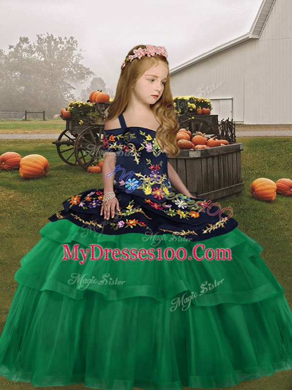Floor Length Green Kids Formal Wear Tulle Sleeveless Embroidery and Ruffled Layers