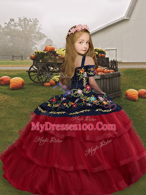 Floor Length Green Kids Formal Wear Tulle Sleeveless Embroidery and Ruffled Layers
