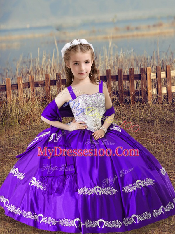 Hot Sale Ball Gowns Kids Pageant Dress Purple Straps Satin Sleeveless Floor Length Lace Up