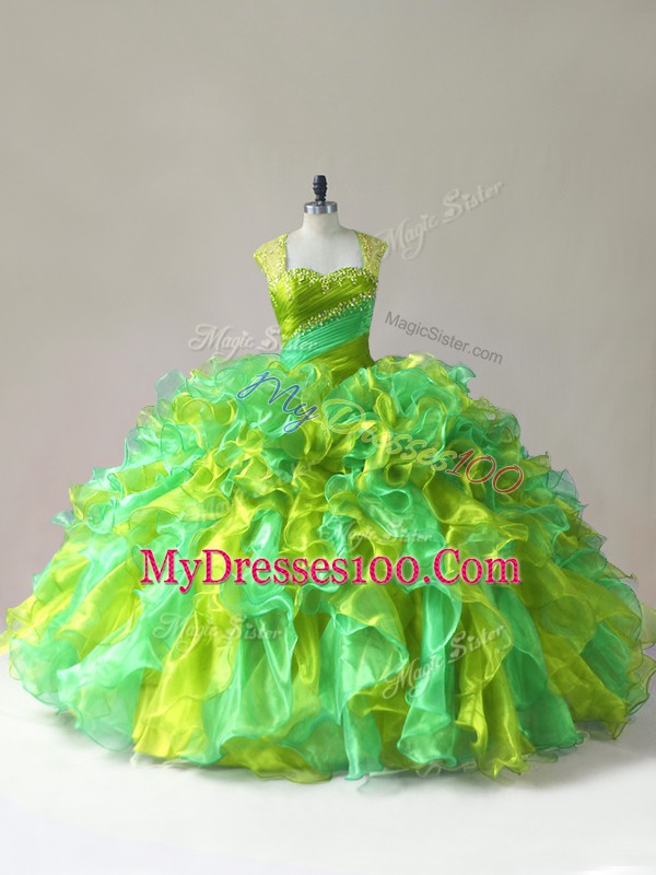 Dramatic Organza Sleeveless Floor Length Quinceanera Gown and Beading and Ruffles