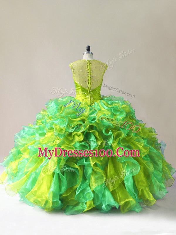 Dramatic Organza Sleeveless Floor Length Quinceanera Gown and Beading and Ruffles