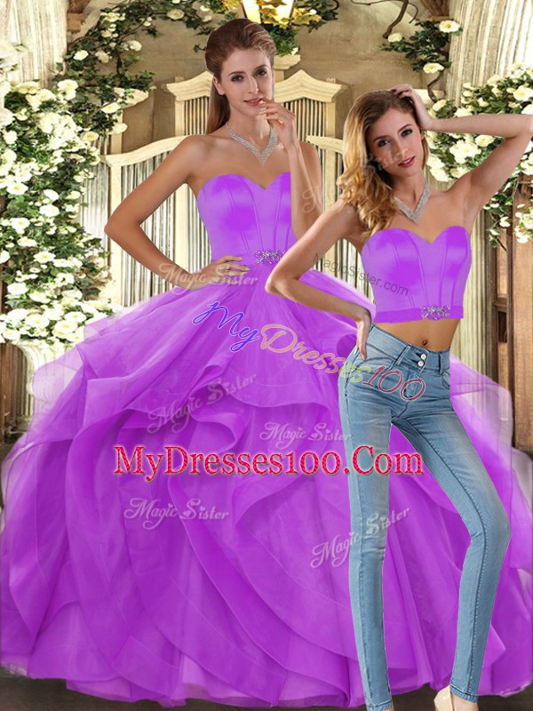 Lilac Tulle Lace Up Vestidos de Quinceanera Sleeveless Floor Length Ruffles
