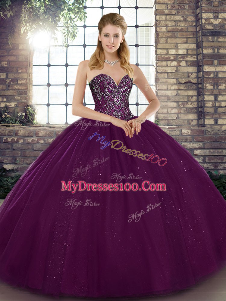 Designer Dark Purple Tulle Lace Up Sweetheart Sleeveless Floor Length Quinceanera Dresses Beading