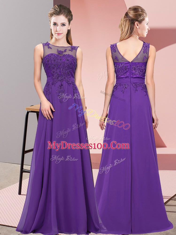 Cheap Purple Chiffon Zipper Scoop Sleeveless Floor Length Bridesmaid Gown Beading and Appliques
