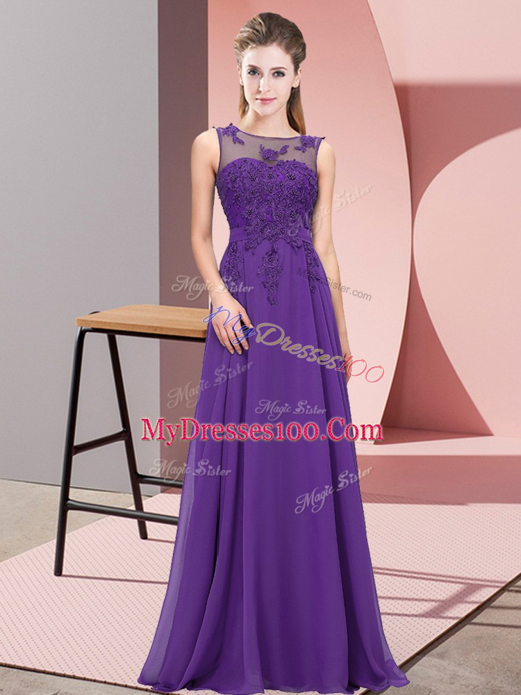 Cheap Purple Chiffon Zipper Scoop Sleeveless Floor Length Bridesmaid Gown Beading and Appliques