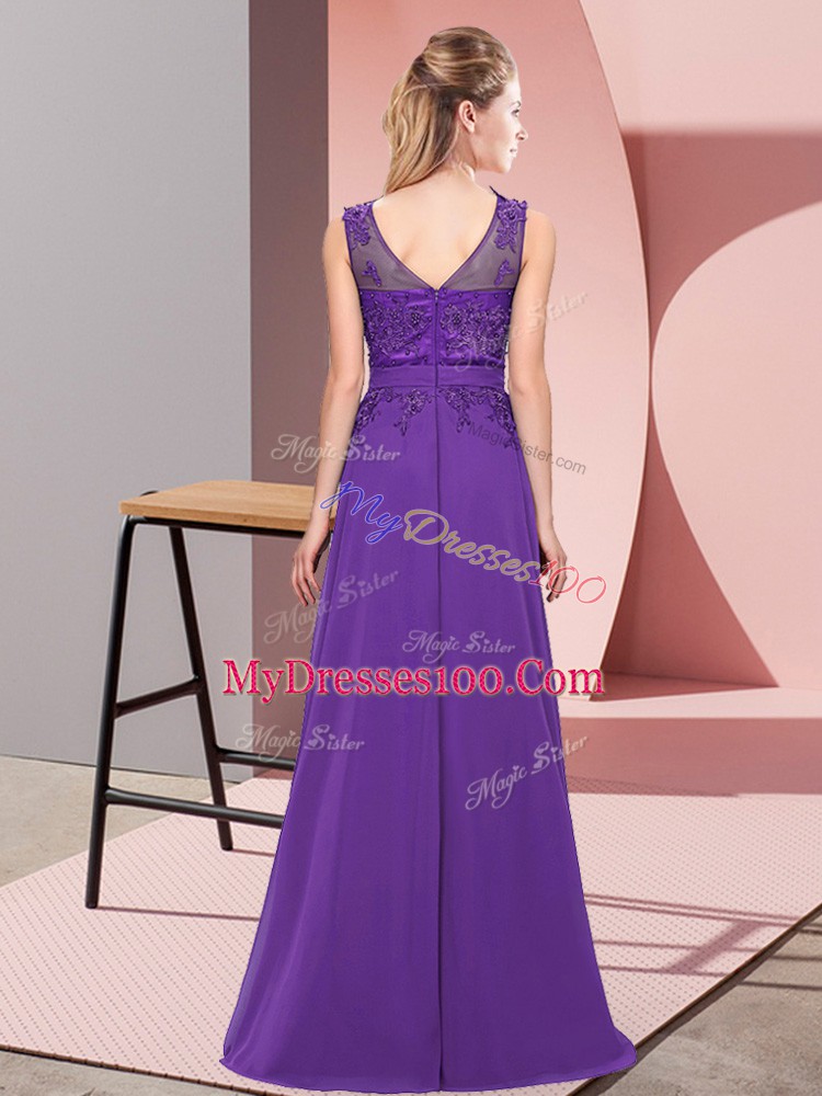 Cheap Purple Chiffon Zipper Scoop Sleeveless Floor Length Bridesmaid Gown Beading and Appliques
