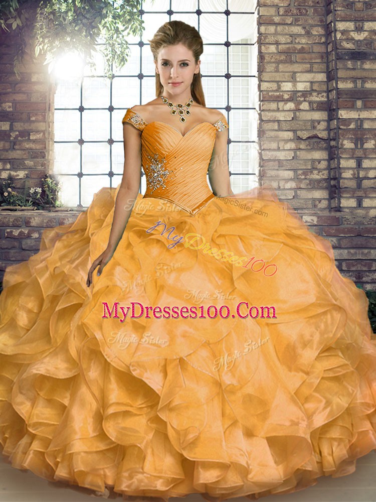 Stunning Organza Off The Shoulder Sleeveless Lace Up Beading and Ruffles Quinceanera Dress in Gold