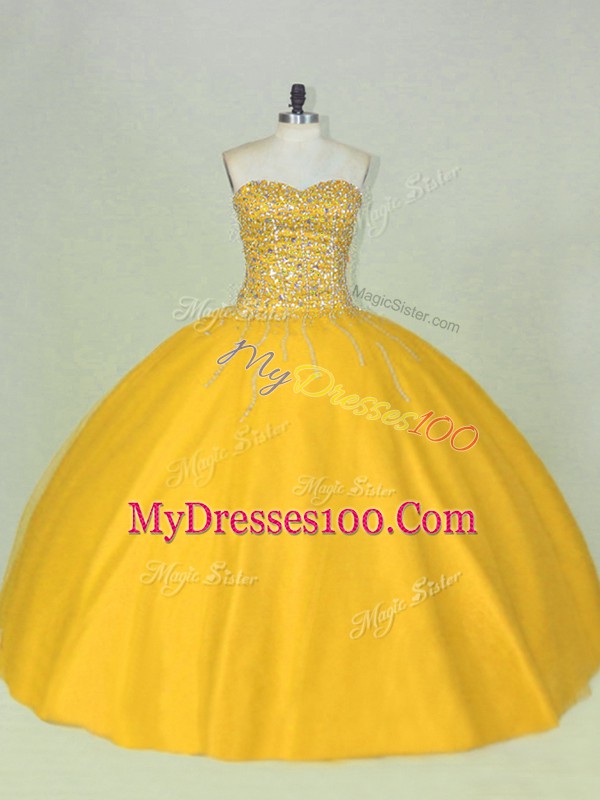 Gold Scoop Neckline Beading Quince Ball Gowns Sleeveless Lace Up