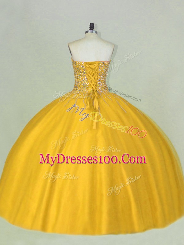 Gold Scoop Neckline Beading Quince Ball Gowns Sleeveless Lace Up