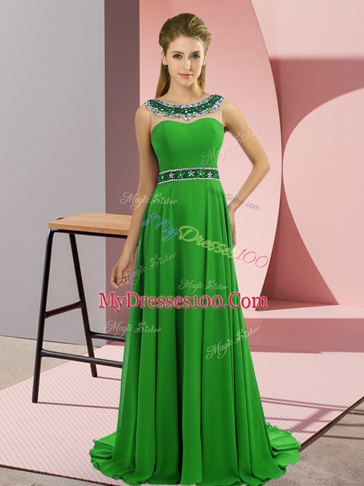 High Quality Sleeveless Brush Train Zipper Beading Prom Gown