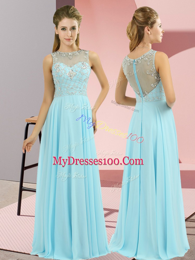 Floor Length Baby Blue Evening Dress Chiffon Sleeveless Beading
