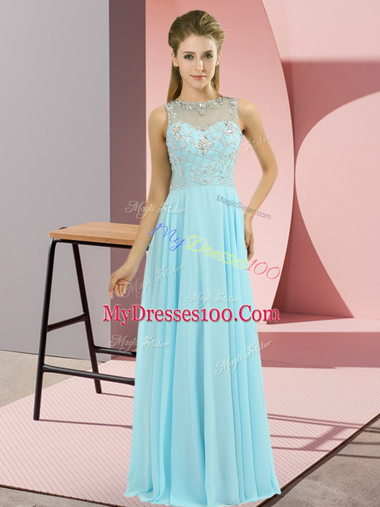 Floor Length Baby Blue Evening Dress Chiffon Sleeveless Beading