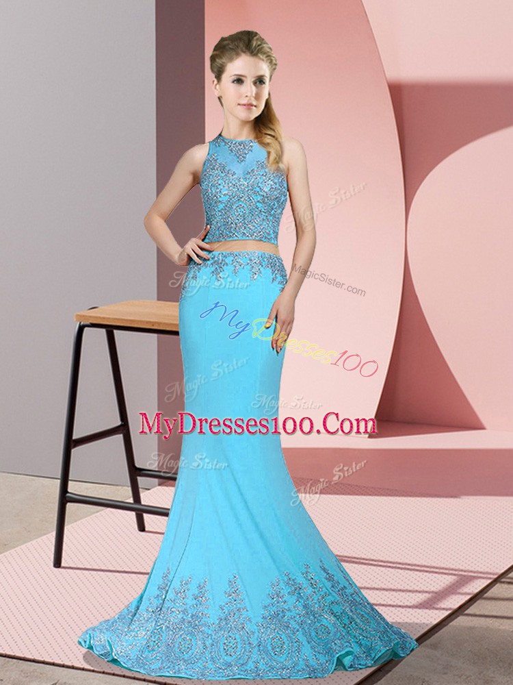 Aqua Blue Mermaid Beading and Appliques Prom Dresses Zipper Satin Sleeveless