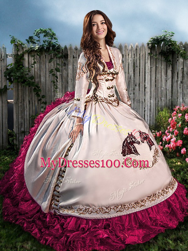 Vintage Embroidery and Ruffles Sweet 16 Dress Hot Pink Lace Up Sleeveless Floor Length