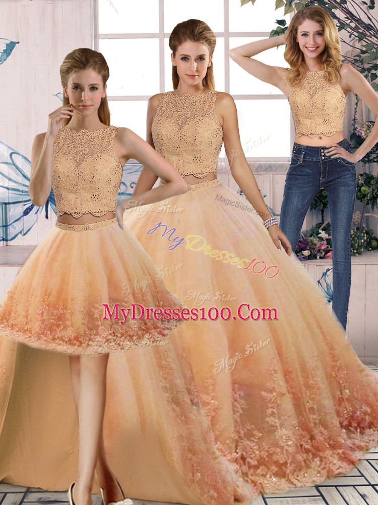 Sleeveless Lace Backless 15th Birthday Dress with Peach Sweep Train