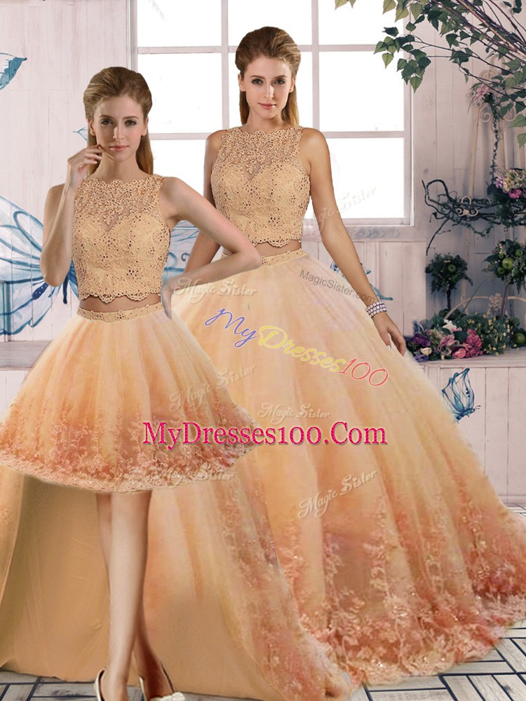 Sleeveless Lace Backless 15th Birthday Dress with Peach Sweep Train