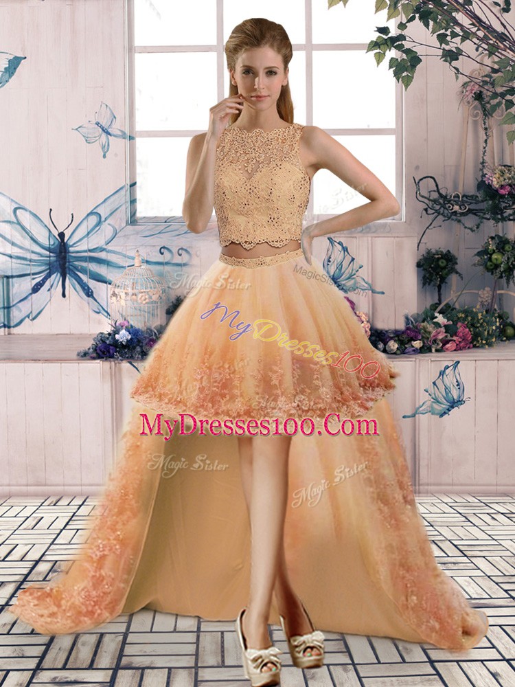 Sleeveless Lace Backless 15th Birthday Dress with Peach Sweep Train