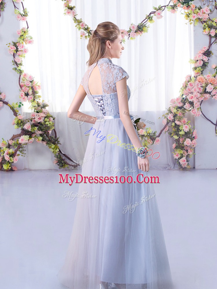 Grey High-neck Neckline Lace Quinceanera Court of Honor Dress Cap Sleeves Lace Up