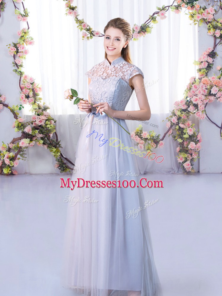 Grey High-neck Neckline Lace Quinceanera Court of Honor Dress Cap Sleeves Lace Up