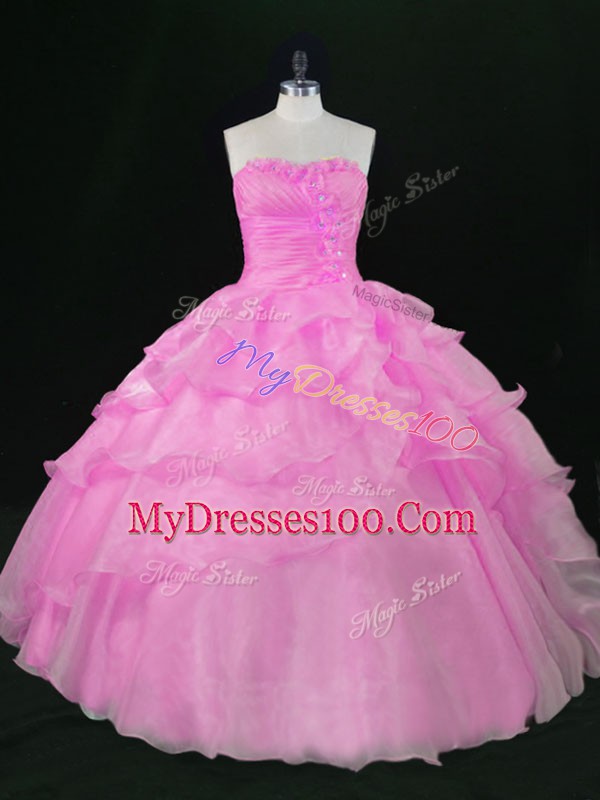 Lovely Lilac Organza Lace Up Sweetheart Sleeveless Floor Length Sweet 16 Dress Hand Made Flower