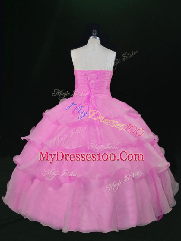 Lovely Lilac Organza Lace Up Sweetheart Sleeveless Floor Length Sweet 16 Dress Hand Made Flower