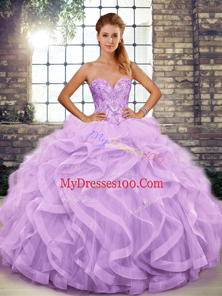 Lavender Sweetheart Lace Up Beading and Ruffles Sweet 16 Quinceanera Dress Sleeveless
