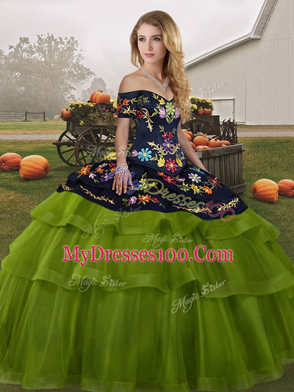 Excellent Olive Green Ball Gowns Embroidery and Ruffled Layers Sweet 16 Dresses Lace Up Tulle Sleeveless