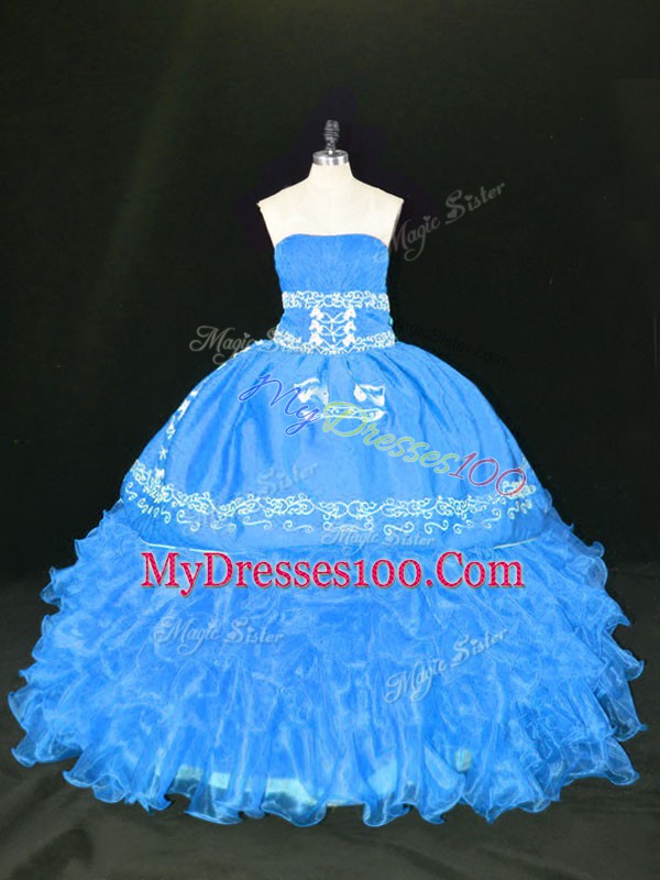 Affordable Blue Organza Lace Up Strapless Sleeveless Floor Length 15 Quinceanera Dress Embroidery and Ruffles