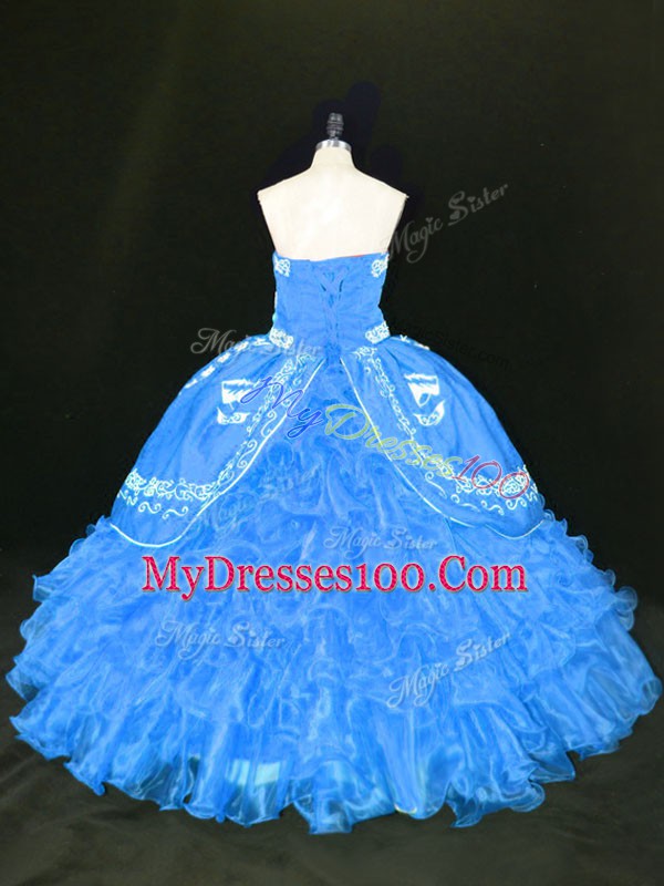 Affordable Blue Organza Lace Up Strapless Sleeveless Floor Length 15 Quinceanera Dress Embroidery and Ruffles