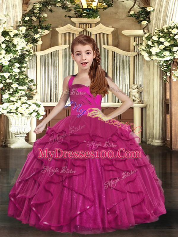Trendy Fuchsia Straps Neckline Ruffles Pageant Dress Toddler Sleeveless Lace Up