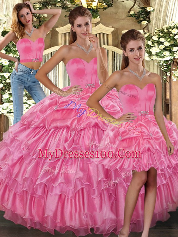 Rose Pink Ball Gowns Ruffled Layers and Pick Ups Vestidos de Quinceanera Lace Up Organza Sleeveless Floor Length