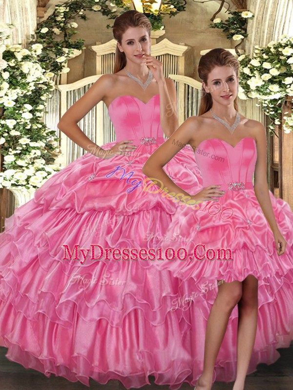 Rose Pink Ball Gowns Ruffled Layers and Pick Ups Vestidos de Quinceanera Lace Up Organza Sleeveless Floor Length