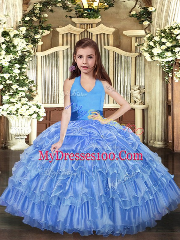Halter Top Sleeveless Pageant Gowns For Girls Floor Length Ruffled Layers Blue Organza