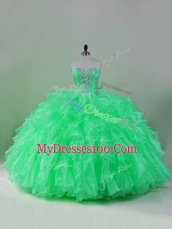 Gorgeous Green Organza Lace Up 15 Quinceanera Dress Sleeveless Floor Length Beading and Ruffles